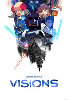 Futuristic Star Wars characters with lightsabers and spaceship elements in vivid colors for the movie Star Wars Visions.