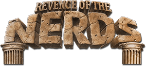 Revenge of the Nerds logo with ancient Greek pillars and bold text.
