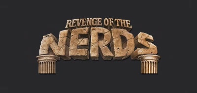 Revenge of the nerds movie title in a stone-style font with columns on each side.