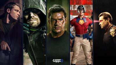 A collage of characters from popular action and superhero movies, including a man with a gun, a hooded archer, a rugged man with a serious expression, a superhero with an armored helmet, and a man with laser eyes.